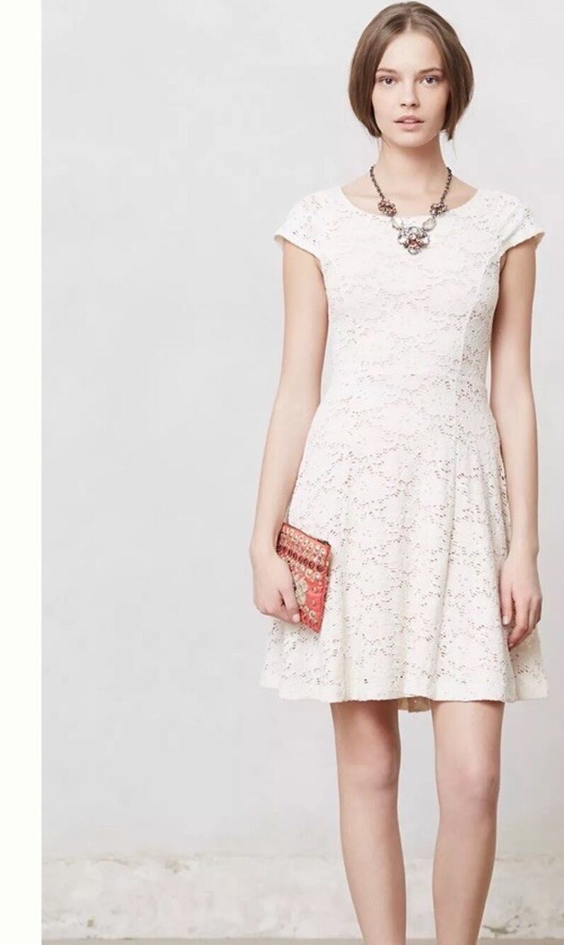 Anthropologie Maeve Dayflower Pink Ivory Floral Lace Fit & Flare Dress XS